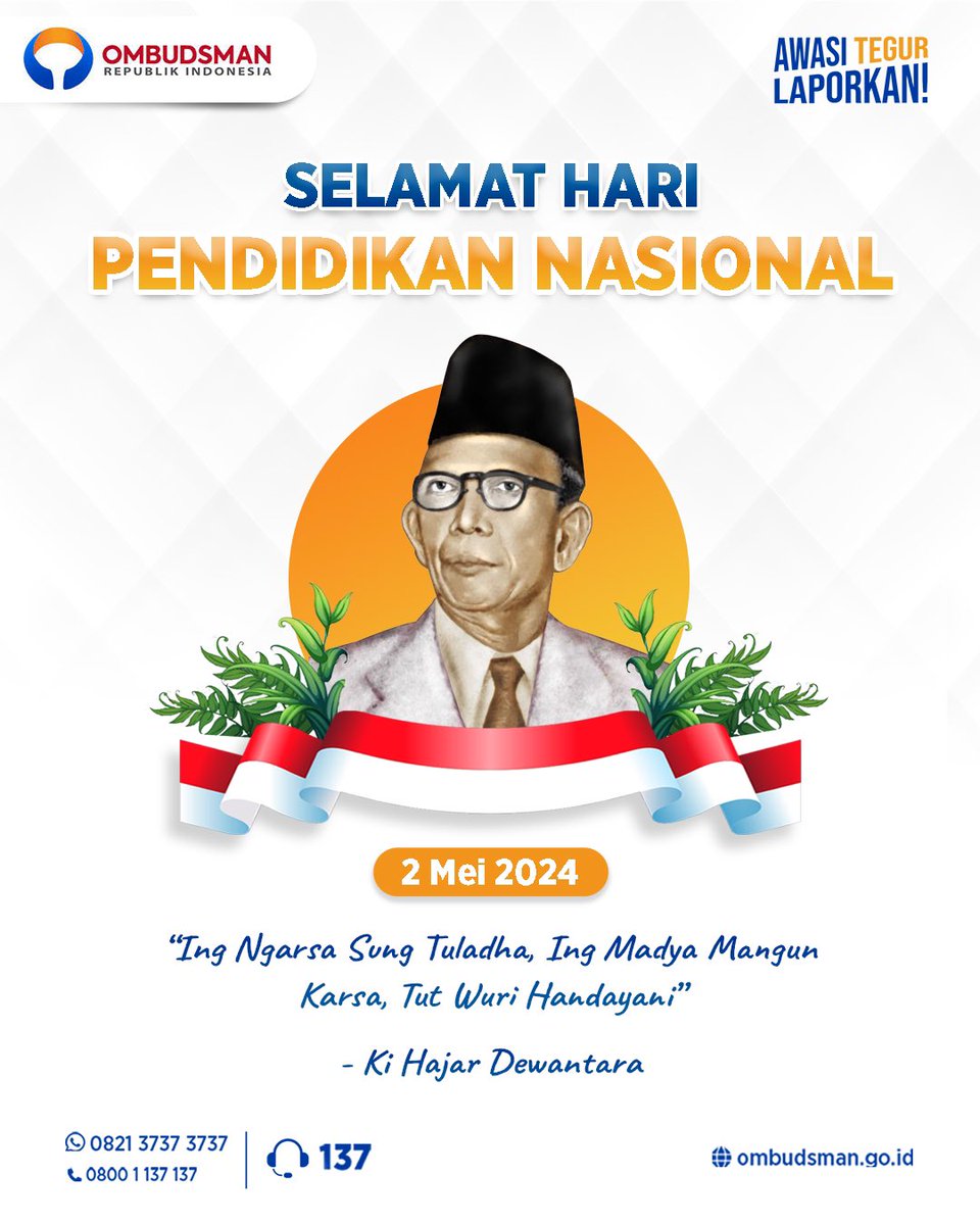 Bergerak bersama, semarakkan merdeka belajar. Tetap semangat untuk semua yang berkontribusi dalam membentuk generasi penerus bangsa! Ombudsman RI mengucapkan Selamat Hari Pendidikan Nasional 2 Mei 2024 #OmbudsmanRI