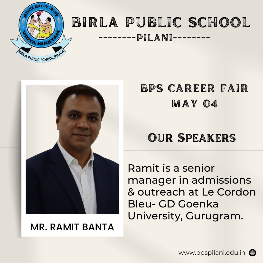 Birla Public School, Pilani is proud to host the BPS Career Fair 2024!
Get inspired by our esteemed speaker Mr.Ramit Banta on 4th May.
#BPSCareerFair #BirlaPublicSchool #Pilani #CareerFair #betpilani #educationforall #bestschoolinindia #BPS #TopRankedSchool