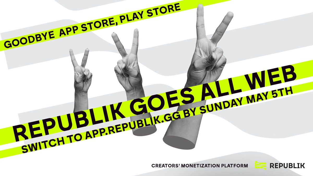 #RepubliK is going all web! On Sunday, May 5th, we're saying goodbye to our Android and iOS apps. But don't worry, you can still find all your favorite creators on our web app at app.republik.gg. Say hello to exclusive content, easy payments, and much more! Cause web