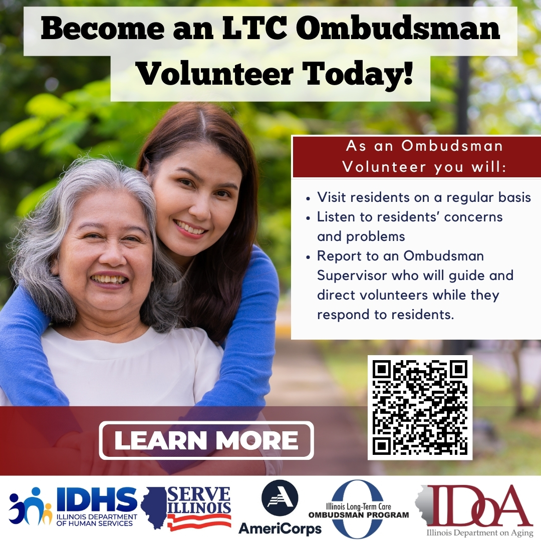 Make a difference in the lives of older adults in Illinois by becoming an Ombudsman volunteer! Scan the QR code or head to serve.illinois.gov/spotlight-link… learn more! @ILHumanServices