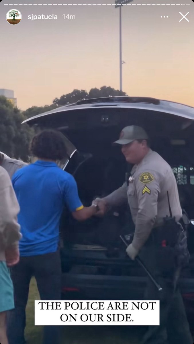 LASD is shaking hands with people who were part of the attack on the UCLA encampment last night, while preparing to brutalize students tonight.