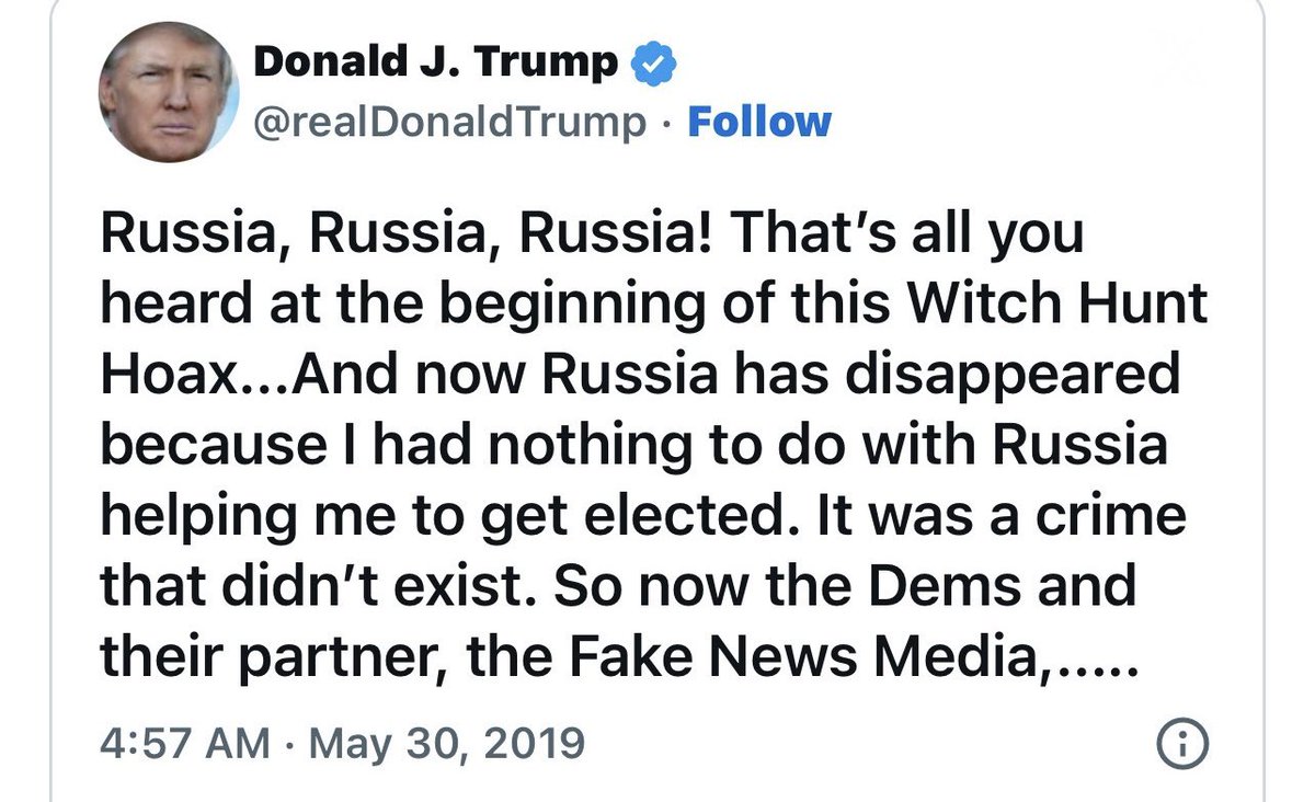 “I had nothing to do with Russia helping me get elected.” - Donald J Trump, May 30, 2019. I feel like people have forgotten this.
