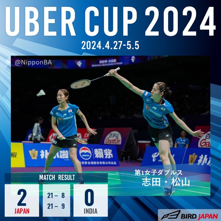 【トマス杯ユーバー杯2024】
ユーバー杯準々決勝vsインド🇮🇳🏸

第1ダブルス #シダマツ ペア( #志田千陽 / #松山奈未 )がストレートで勝利🎊🎉

次は第2シングルス #奥原希望 選手の登場です‼️

#バドミントン
#badminton
#BIRDJAPANトユ杯
#ThomasUberCupFinals
#自由に羽ばたけ
#WecanFly