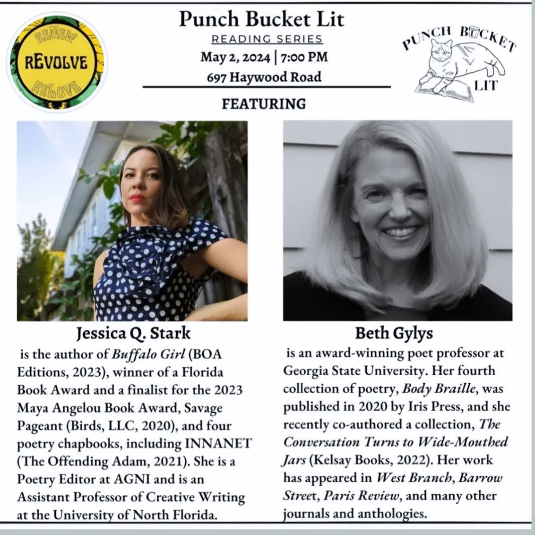 Tomorrow! @jezzbah & Beth Gylys read in #Asheville for Punch Bucket Lit. #poets #poetry #poetrycommunity