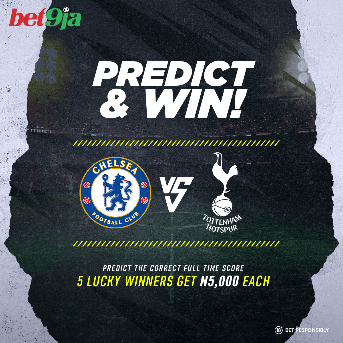 Comment the correct full-time score & your 𝐛𝐞𝐭𝟗𝐣𝐚 𝐈𝐃 and stand a chance to win N5,000

All predictions end on Thursday 2nd May 2024 at 6:00 pm

Multiple and/or edited comments will be disqualified.

Five winners will be selected at random

#Bet9jaPredictAndwin