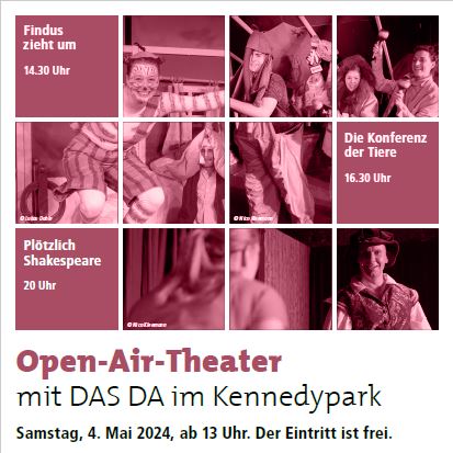 🎭🌳 Open-Air-Theater mit DAS DA im Kennedypark am 4. Mai ab 13 Uhr 🌳🎭

Am 4. Mai ab 13 Uhr erwartet euch ein abwechslungsreiches Programm voller Unterhaltung für Jung und Alt unter freiem Himmel. Der Eintritt ist frei.

📸 Stadt Aachen / Nico Kleemann / Lukas Dahle