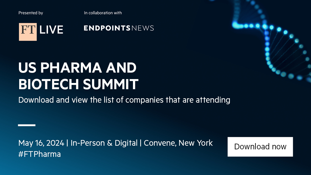 . @FTLive US Pharma & Biotech Summit gathers #biopharma leaders, regulators, investors, and scientists to share insights on the year ahead and discuss trends affecting industry, and the country. See the list of companies attending: bit.ly/44kazUu. #FTPharma @endpts