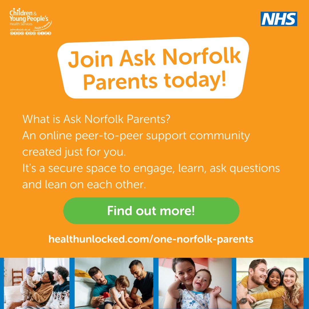 Join the #AskNorfolkParents online community today for a warm and helpful space to connect, share stories, get some health advice and offer peer-to-peer support. 🌈 To find out more, visit: justonenorfolk.nhs.uk/our-services/t… #AskNorfolkParents #ParentingGroups #NorfolkFamilies