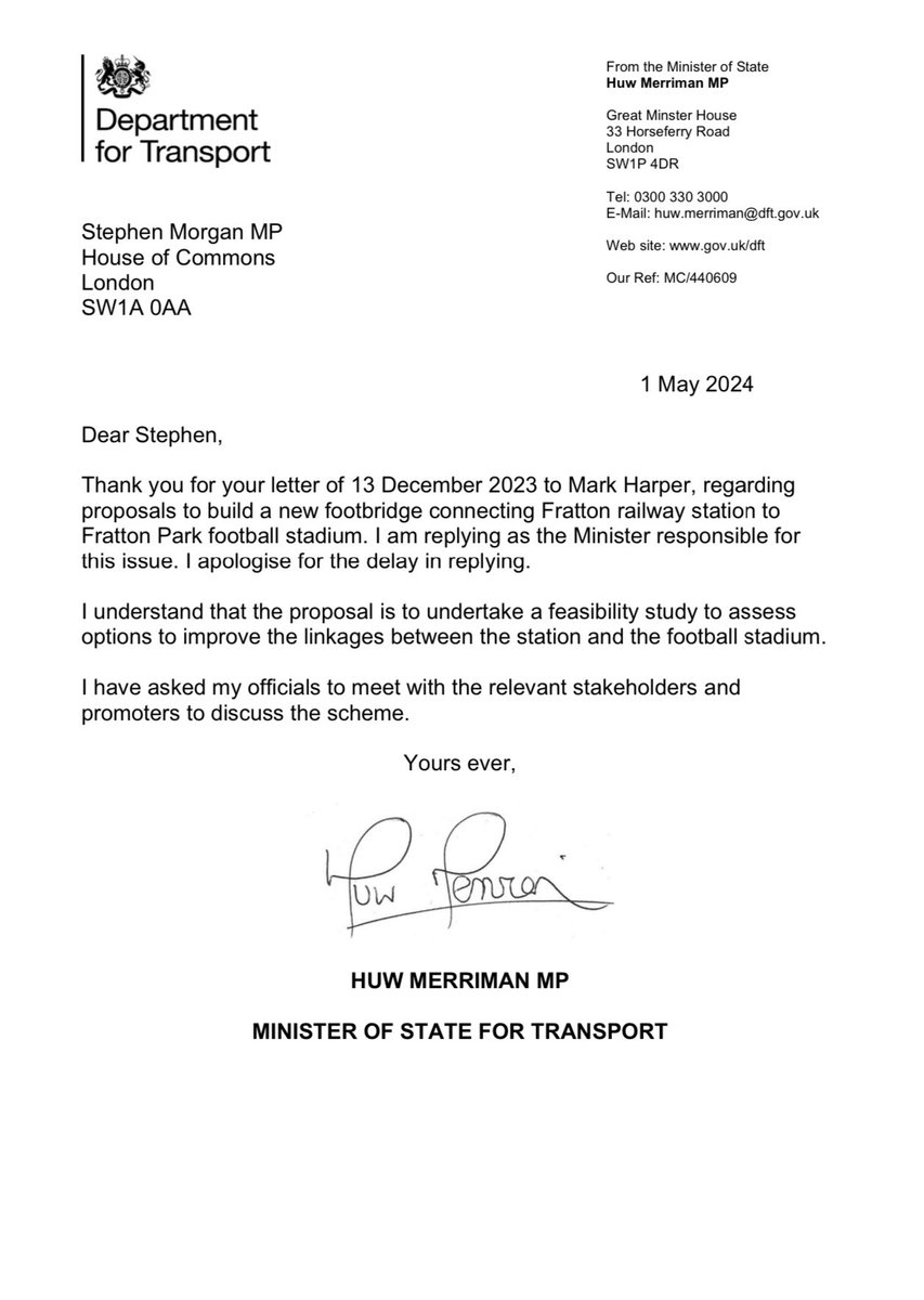 After five months, finally a response from the Minister regarding the Fratton footbridge. Now that we’ve secured the funding for the feasibility study, I’ll keep pushing to get this @Pompey project delivered👇🏻