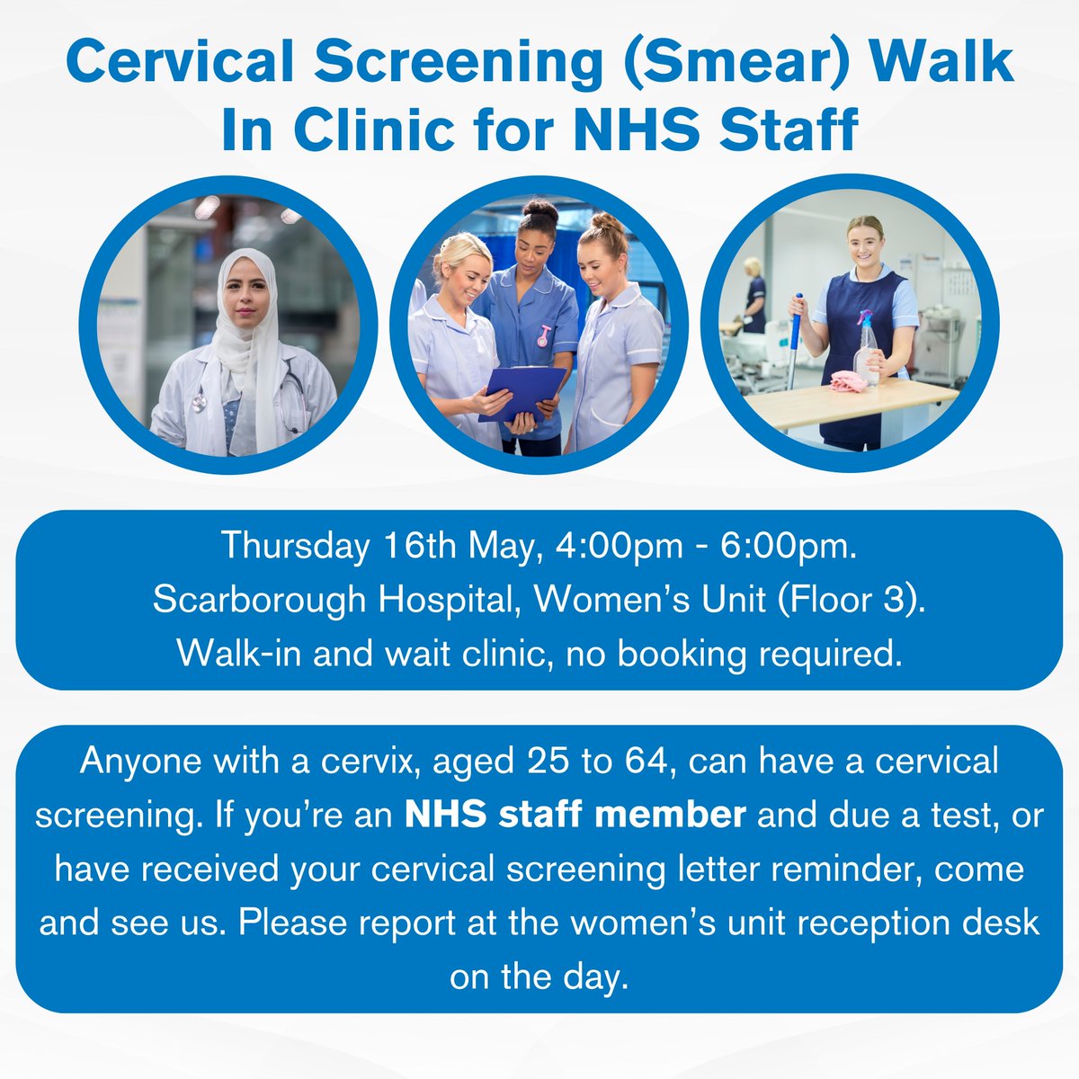 Are you an NHS staff member and due your cervical screening? We’re supporting a walk-in and wait clinic for staff in Scarborough Hospital on 16th May, 4:00pm - 6:00pm. No booking is required – simply register at the Women's Unit reception desk on the day. #CervicalScreening