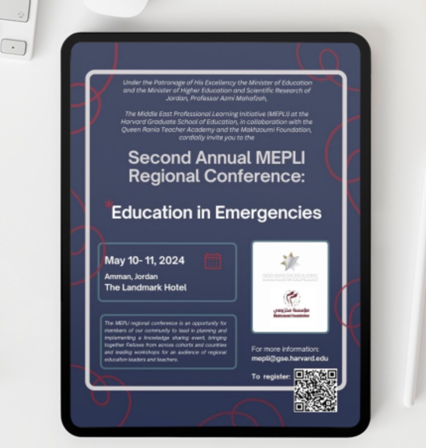 We are proud to collaborate in MEPLI's Second Regional Annual Conference under the theme of Education in Emergencies!
Join us for interactive workshops delivered by educators from Jordan, Lebanon, and Palestine!

#Education_in_Emergencies
#EducationforAll #alternativeEducation