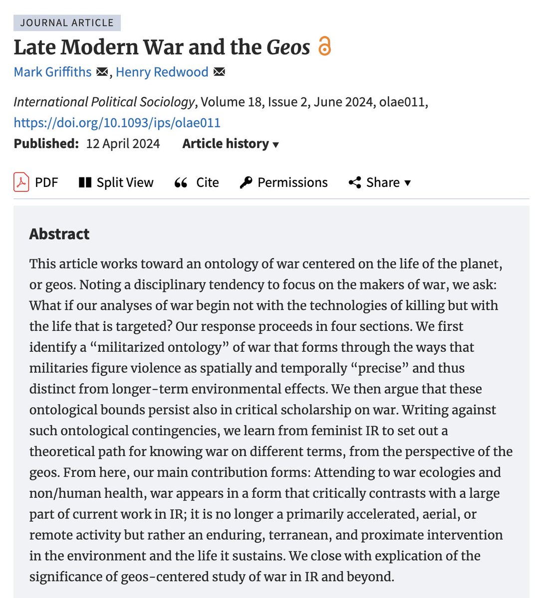 📚 What if our analyses of war begin not with the technologies of killing but with the life that is targeted? Dr Henry Redwood co-published this journal article working toward an ontology of war centred on the life of the planet, or geos. Explore it ⬇️ academic.oup.com/ips/article/18…
