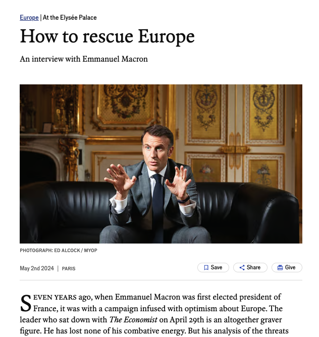 Another year, another blockbuster @TheEconomist interview with @EmmanuelMacron. “A civilisation can die,” Mr Macron warns, and the end can be “brutal...Things can happen much more quickly than we think.” economist.com/europe/2024/05…