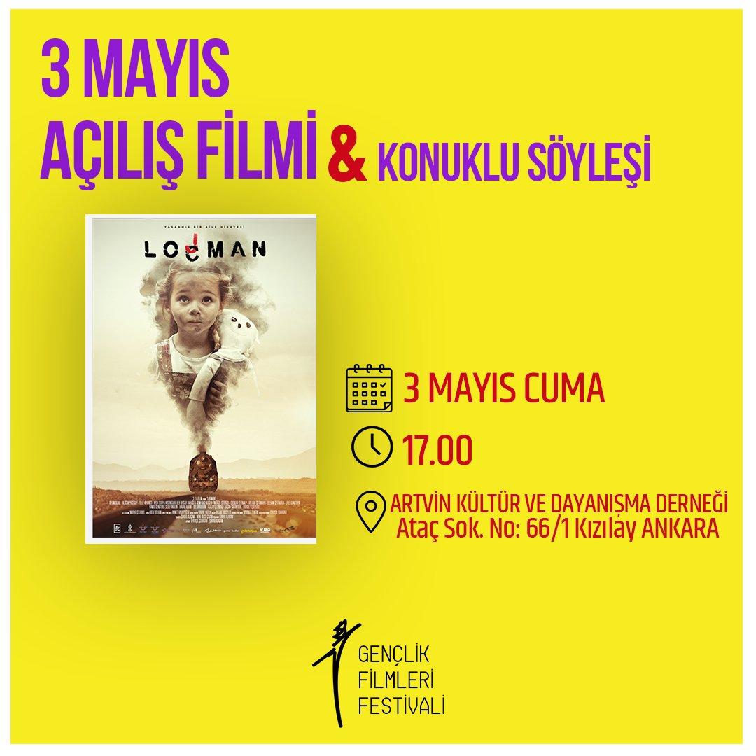 Gençlik Filmleri Festivali 3 Mayıs'ta Ankara'da! Locman filmi gösterimi sonrasında şöyleşiyle birlikte programımız başlıyor! docs.google.com/forms/d/e/1FAI…