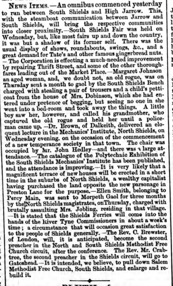 #SouthShields #NorthShields A summary of news surrounding North and South Shields including a note of the new omnibus link between South Shields and High Jarrow. Newcastle Weekly Courant 2nd May 1863
