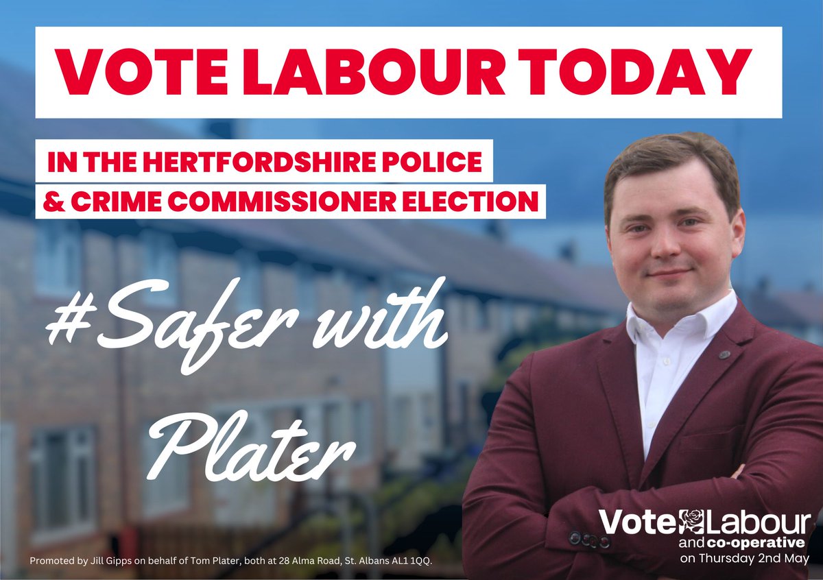 🗳️Today is Election Day for the PCC across Hertfordshire 🗳️ Polling stations are open from 7am to 10pm and you’ll need Photo ID 🪪 For a safer Hertfordshire and YOUR voice heard, Vote Labour & Co-op Today ❌ #saferwithplater