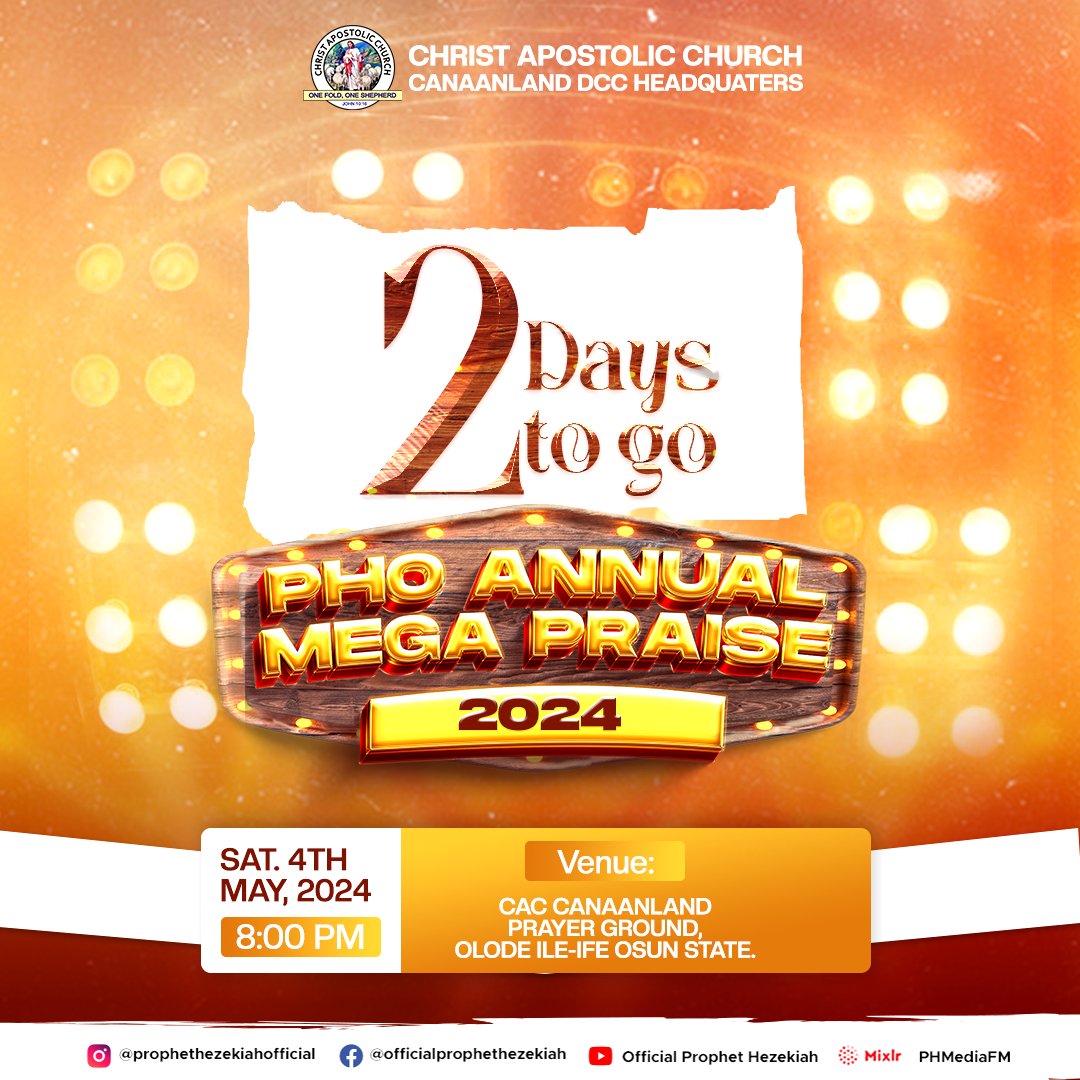 2 days to go!!!

Get ready for an atmosphere where every heart desires can be met!

2 days to Mega Praise!

#annualmegapraise
#praise 
#thanksgiving 
#officialprophethezekiah 
#PHMedia 
#spreadingthegospel