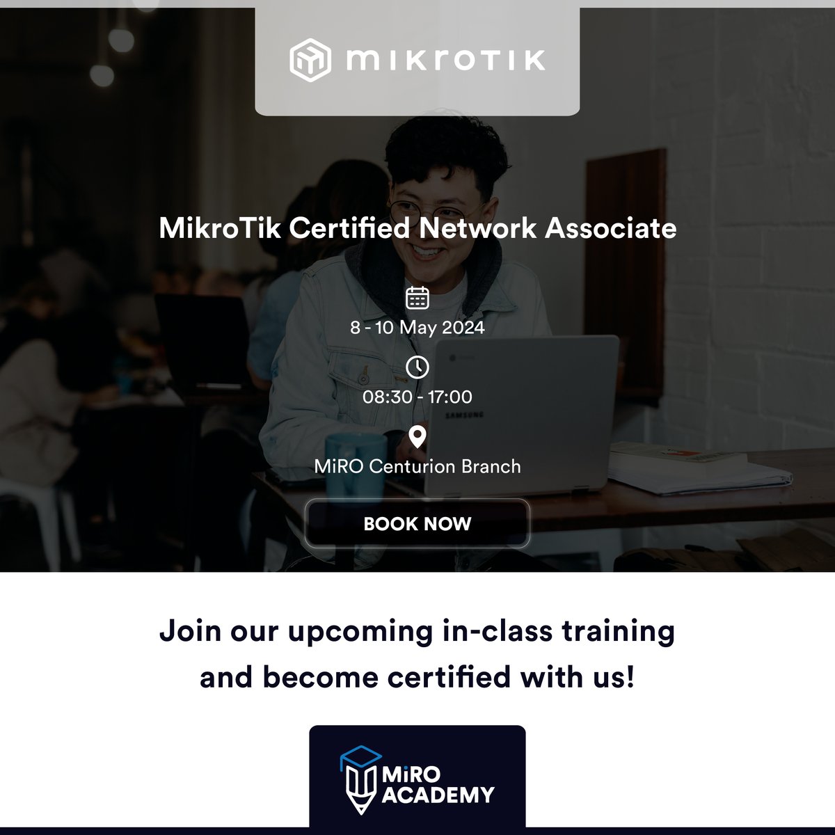 MiroDistributor's tweet image. Join our upcoming certification training in Gauteng ! Acquire valuable skills and knowledge from our expert trainers. Secure your spot at miroacademy.co.za or email us at training@miro.co.za

#miroacademy #mikrotik #grandstream #unifi #bdcom
