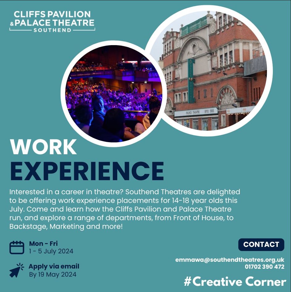 Are you aged 14-18 and looking for Work Experience? 

We are hosting a 1-week placement for up to 4 young people from Monday 1 July 2024, across the Cliffs Pavilion and Palace Theatre. 🎭

See our website for more info!  💻 eu1.hubs.ly/H08TVtg0

#creativecorner