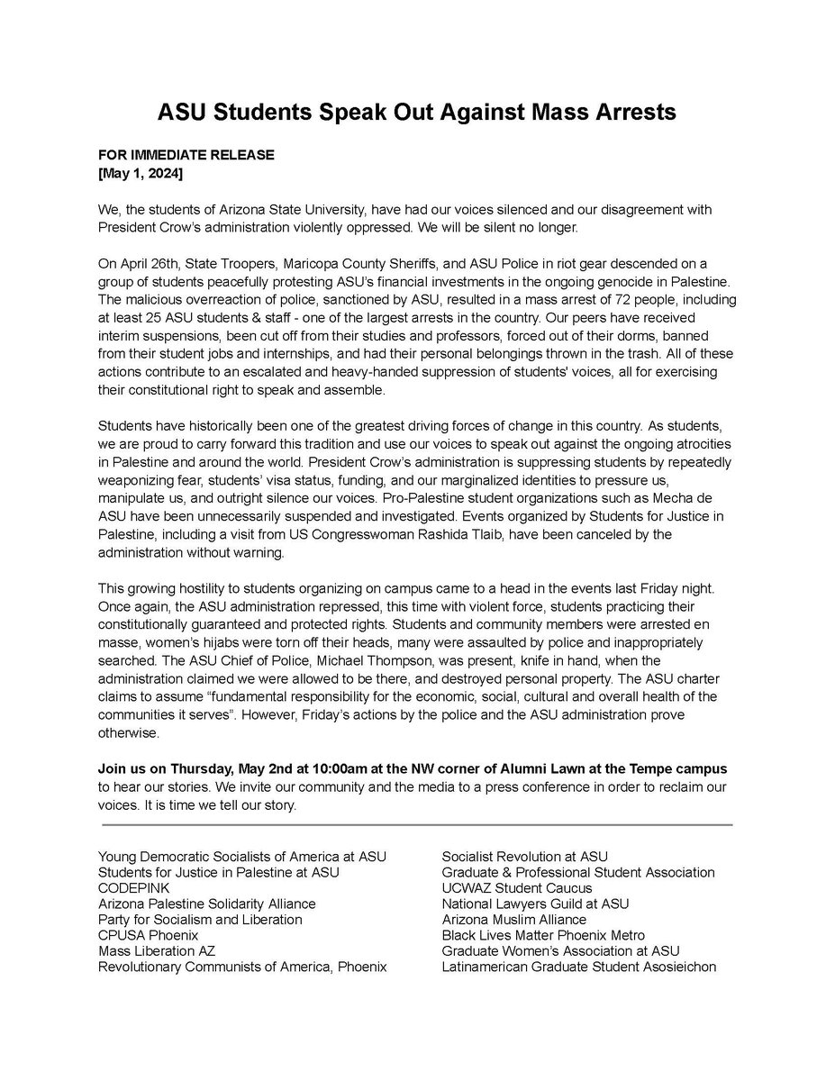 And this press release from ASU students who are holding a press conference on Thursday, May 2nd at 10:00am, NW corner of Alumni Lawn at the Tempe campus. In the words of the ACLU 'Academic freedom and free speech are essential. Universities must protect them.'