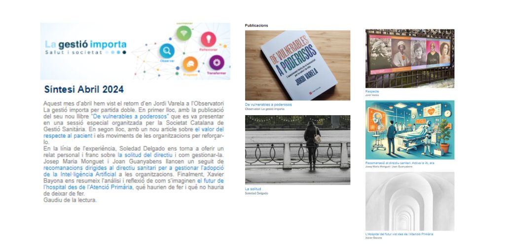Societat de Gestió Sanitària (@gestiosanitaria) on Twitter photo 📩 Recupera el newsletter Síntesis de l'Observatori #Lagestioimporta
🧠 Sobre respecte i #patientexperiencie, #IA i #gestió, solitud del gestor, l'hospital del futur i més.
✍️ Articles @gesclinvarela <a href="/sodeza78/">Soledad Delgado</a> <a href="/XBayona/">Xavier Bayona 🎗</a> <a href="/joanguanyabens/">Joan Guanyabens</a> <a href="/JM_Monguet/">JM Monguet</a>
👉 tuit.cat/xvnNu 📩 Recupera el newsletter Síntesis de l'Observatori #Lagestioimporta
🧠 Sobre respecte i #patientexperiencie, #IA i #gestió, solitud del gestor, l'hospital del futur i més.
✍️ Articles @gesclinvarela <a href="/sodeza78/">Soledad Delgado</a> <a href="/XBayona/">Xavier Bayona 🎗</a> <a href="/joanguanyabens/">Joan Guanyabens</a> <a href="/JM_Monguet/">JM Monguet</a>
👉 tuit.cat/xvnNu