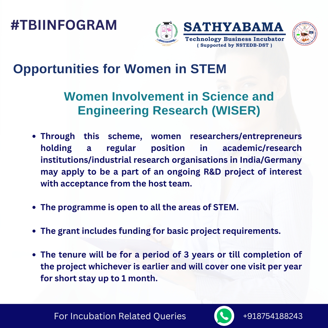 #TBIINFOGRAM
'Exciting opportunity for women researchers/entrepreneurs in India/Germany! WISER program offers grants for STEM projects, including funding & short stays. #startuplife #startups #startupgrind #startupfunding #startuptips #startupsuccess #startupbusiness