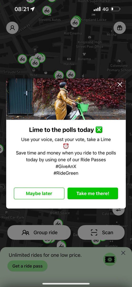 Free bike rides to polling stations If you are using @limebike, you will see this pop up on your app. You get a FREE ride through a collaboration with @mylifemysay: bit.ly/4bhT7C5