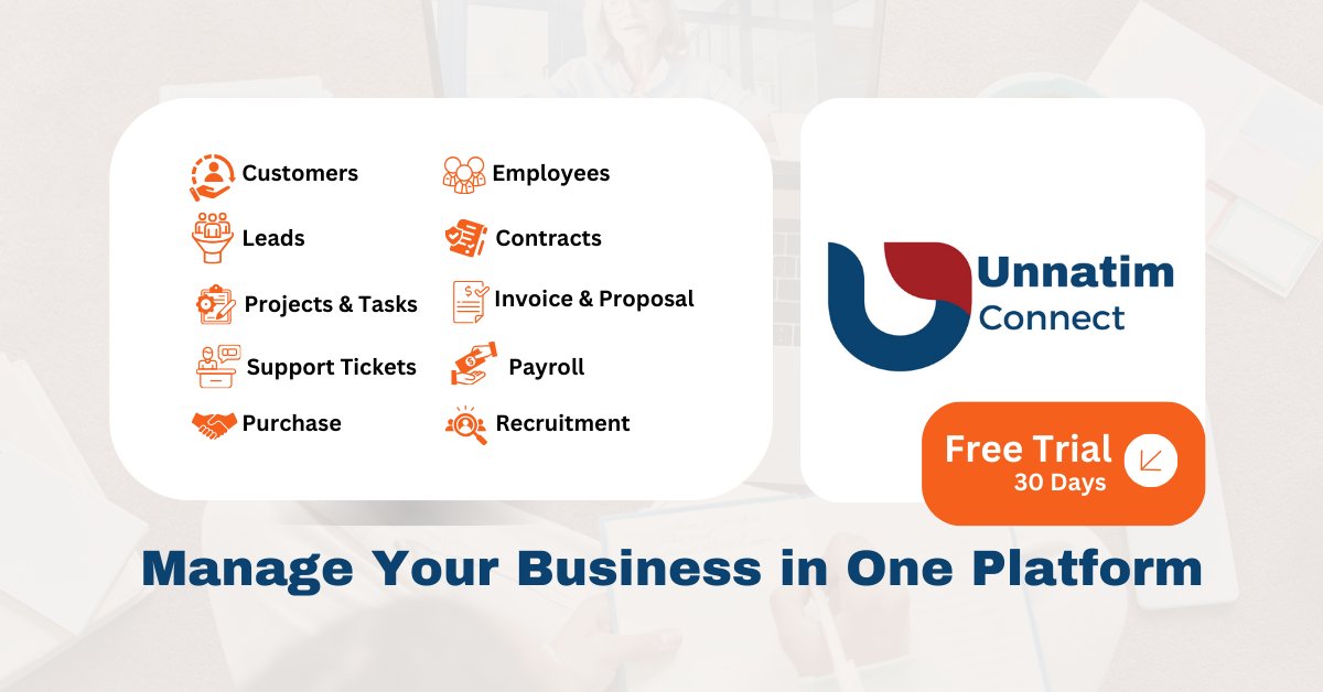 Unlock the power of seamless business management with Unnatim Connect! Streamline operations, boost productivity, and drive growth with our all-in-one platform. Try Unnatim Connect today! 

#UnnatimConnect #BusinessManagement #Productivity