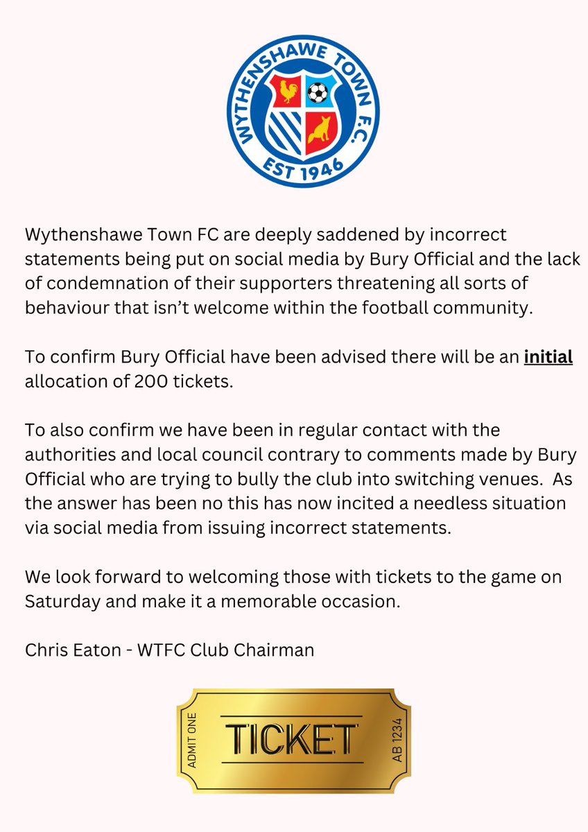 Official club statement @buryfcofficial @nwcfl