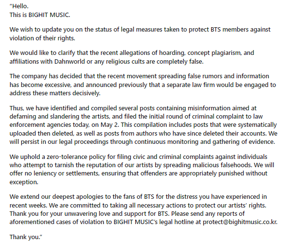 BIGHIT Music releases a statement addressing recent allegations:

- 'The recent allegations of hoarding, concept plagiarism, and affiliations with Dahnworld or any religious cults are completely false'.