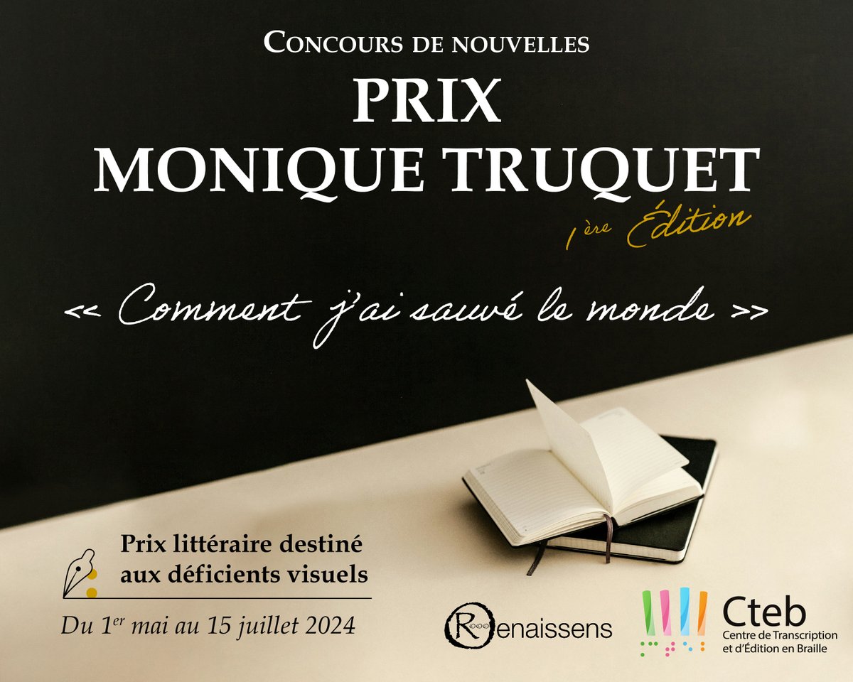 Participez au prix Monique Truquet !  ✍️ @CtebToulouse et @ERenaissens un nouveau concours francophone de nouvelles destiné aux auteurs en situation de handicap visuel. Informations et modalités de participation : cteb.fr/prix-monique-t…