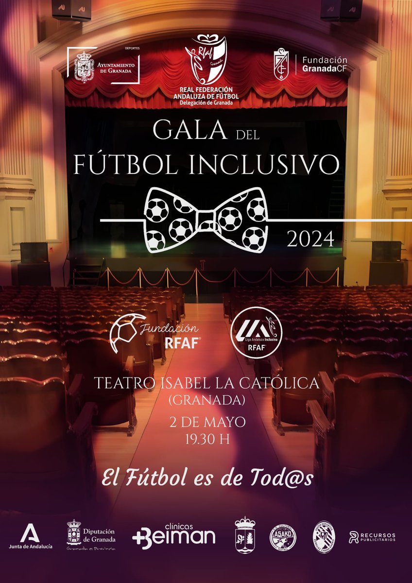 🤩¡Hoy es día de Gala del Fútbol Inclusivo de Granada! 🎖️Los protagonistas de la #LigaAndaluzaInclusiva serán homenajeados en Granada 👥Pablo Lozano, presidente de la @RFAF, estará en el evento 📺En 𝗗𝗜𝗥𝗘𝗖𝗧𝗢 #RFAFtv 1 ⏰19:30h 🎭Teatro Isabel La Católica (Granada)