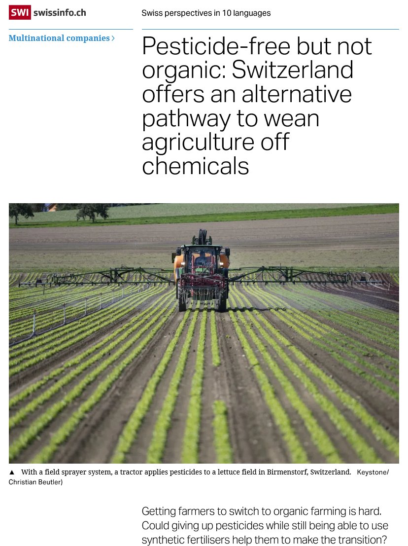 'Pesticide-free but not organic: Switzerland offers an alternative pathway to wean agriculture off chemicals' new article @swissinfo_en critically discusses pesticide-free production, also based on our paper @NaturePlants nature.com/articles/s4147… swissinfo.ch/eng/multinatio…