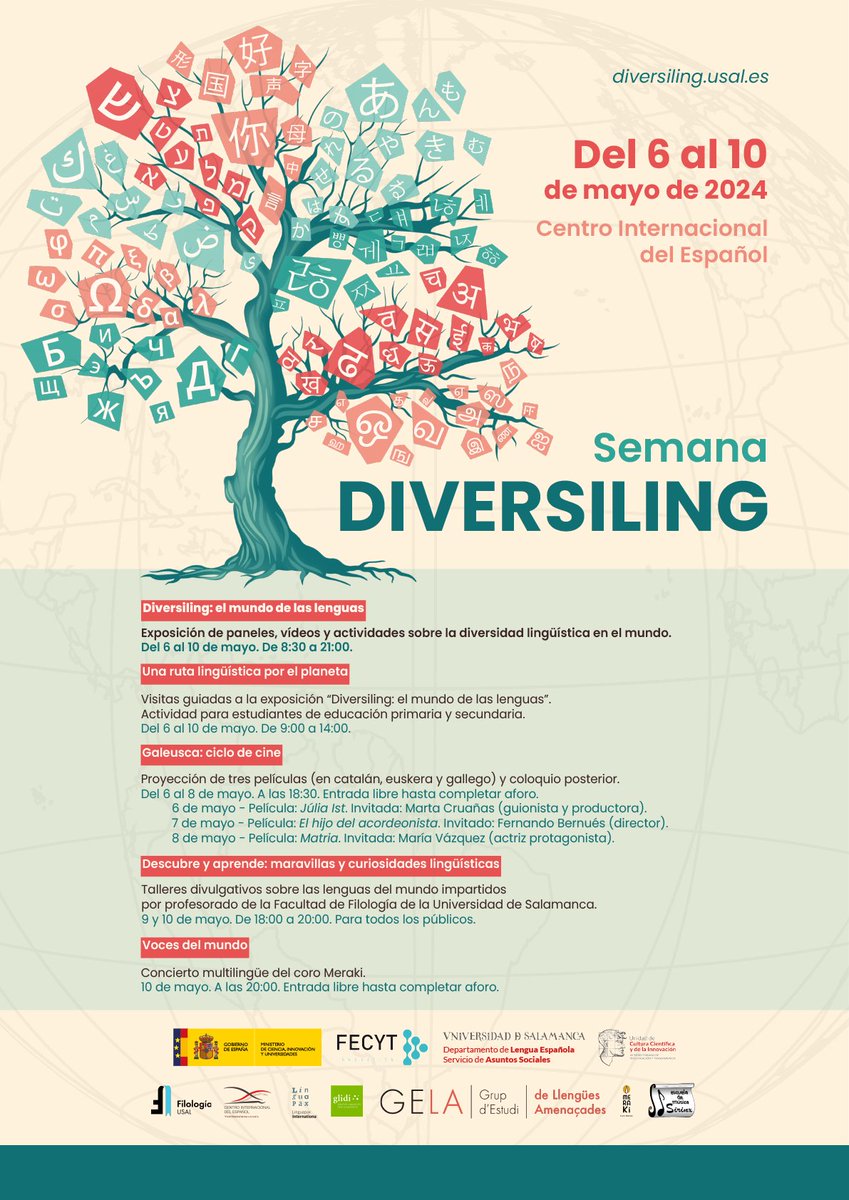 Cine, talleres divulgativos, exposición, visitas guiadas y un concierto. Todas ellas, actividades gratuitas para todos los públicos sobre la diversidad lingüística en la Semana Diversiling 🌍💬, en la @usal. 📅 Del 6 al 10 de mayo 📍 @cieusales diversiling.usal.es