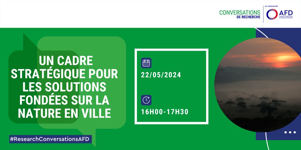📆22/05 conférence #ResearchConversationsAFD avec <a href="/WorldResources/">World Resources Institute</a>.

Comment les villes peuvent-elles intégrer les solutions basées sur la nature #SfN dans la planification urbaine ? Retours d’expérience sur Addis Abeba 🇪🇹&amp; Kigali 🇷🇼.

Infos &amp; inscriptions👉bit.ly/3UmDClD