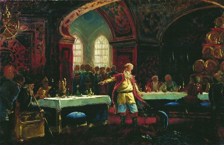 Konstantin Makovsky 'Prince Repin at the feast of Ivan the Terrible', oil on canvas, interior, genre painting, historical painting, romanticism.