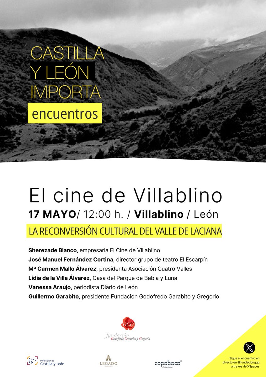 El viernes 17 de mayo celebramos nuevo encuentro de #CastillayLeonImporta en #Villablino #León para reflexionar sobre reconversión cultural. 🟡Con El Cine de Villablino, @As_CuatroValles, Parque Babia y Luna, Teatro El Escarpín y la periodista Vanesa Araujo.