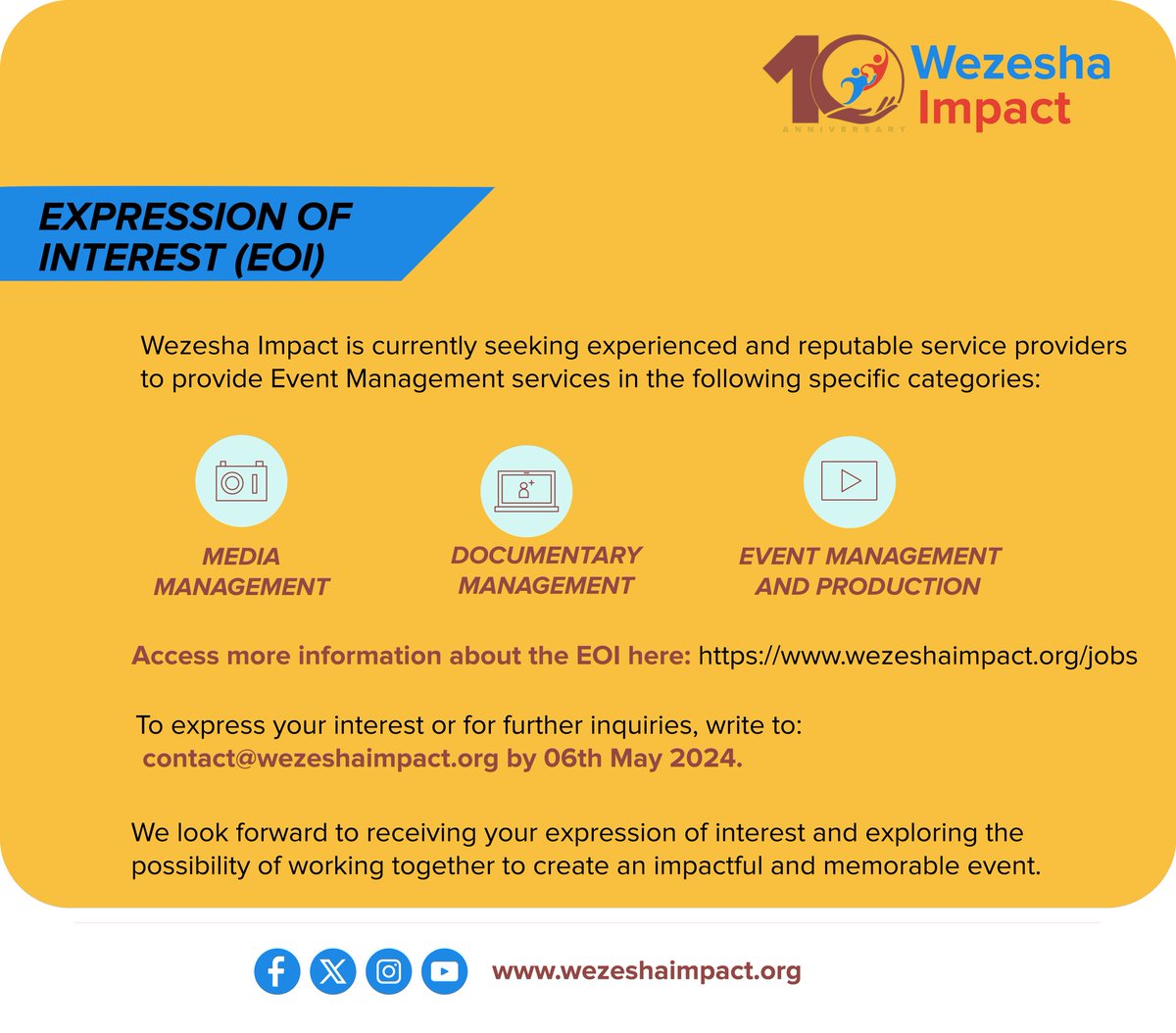EXPRESSION OF INTEREST(EOI) ALERT! Wezesha Impact is currently seeking experienced and reputable service providers to provide Event Management services. Read more: static1.squarespace.com/static/5ac5433…
