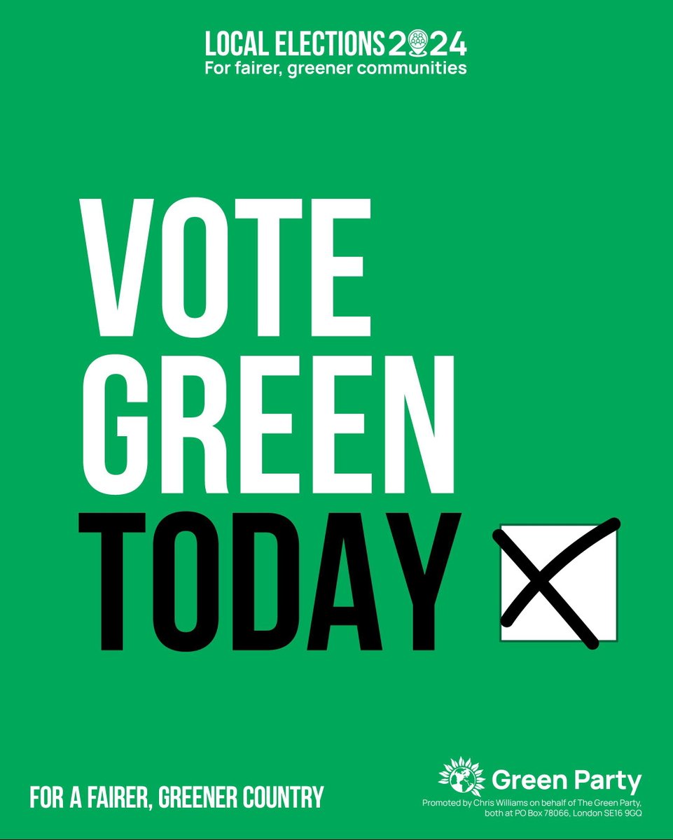 BroxGreenParty's tweet photo. Polling stations are open until 10pm tonight!

Vote Green to elect independently-minded councillors here in Broxbourne. 
#cheshunt #hoddesdon #broxbourne #goffsoak #wormley #walthamcross
#VoteGreen https://t.co/80qiA7RJAK
