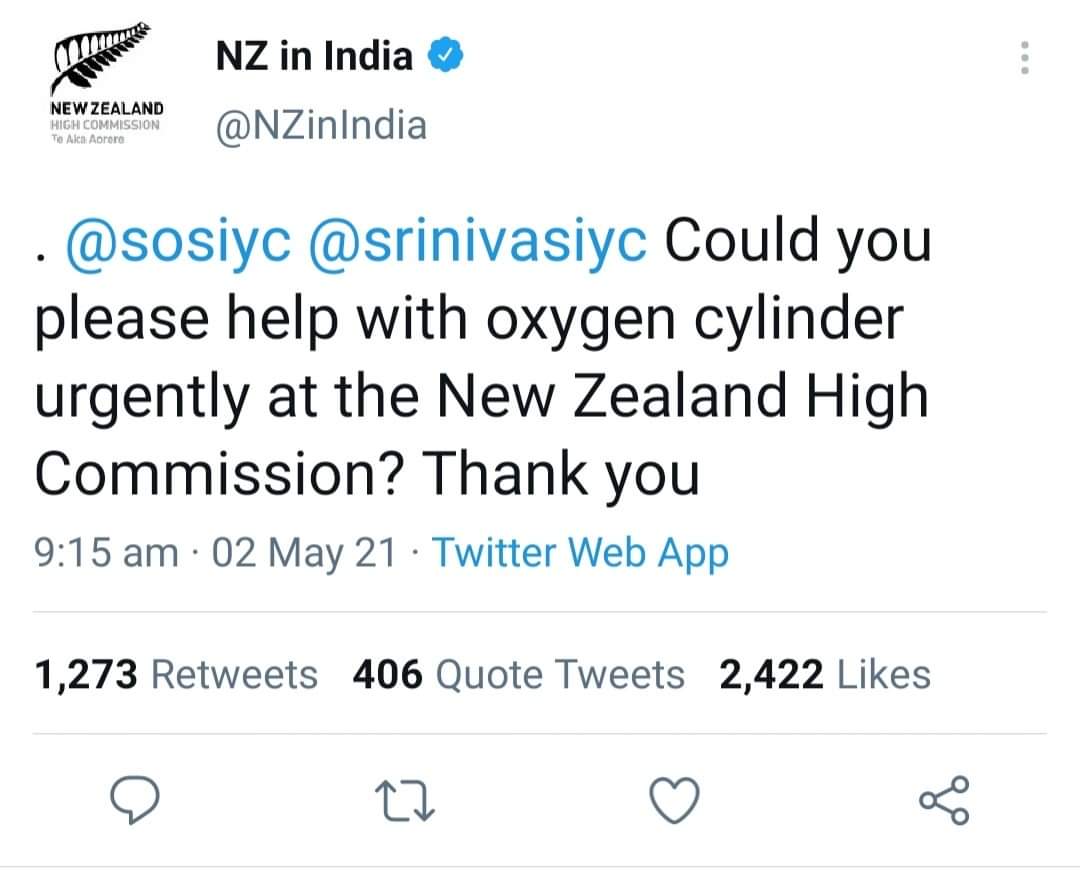 Three years ago on this day. The situation was so critical that the New Zealand high commission had to tag an opposition, seeking oxygen cylinders for a staff member. @srinivasiyc 's team reached the gates with cylinders in no time. This tweet was obviously deleted.