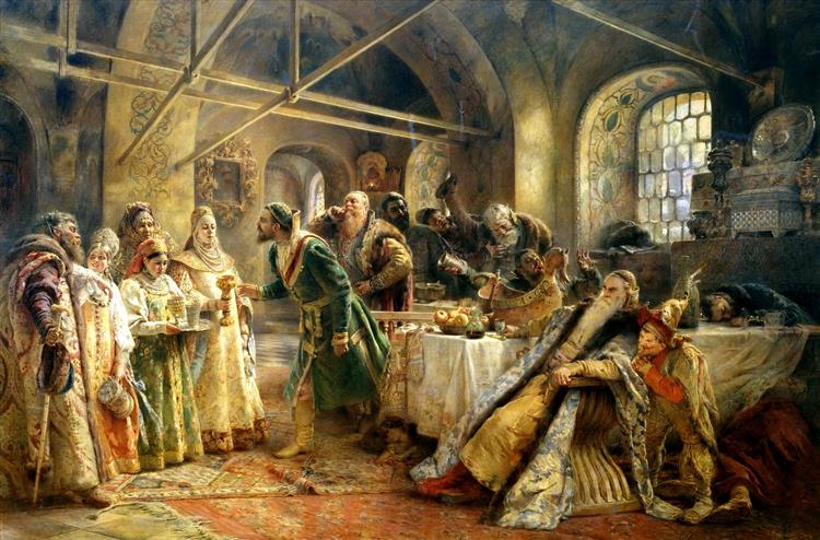 Konstantin Makovsky 'The Kissing Rite (Feast at Boyar Morozov's)', oil on canvas, interior, genre painting, historical painting, romanticism.