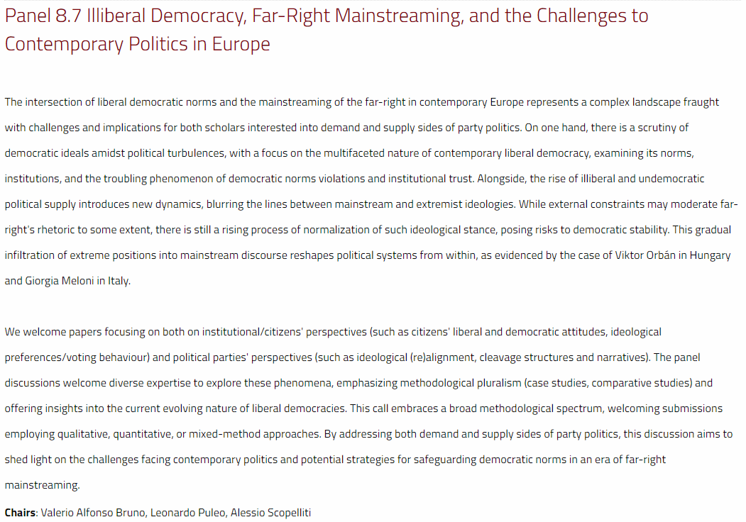 📢Call for Papers 2024 #SISP Conference (Trieste, 12-14 September) is open!

Are you engaged in research on #illiberal #democracies and #farright? 

Join us in presenting your ongoing research and receiving in-depth feedback at our panel 8.7.

Deadline: 31st May 2024 👇👇