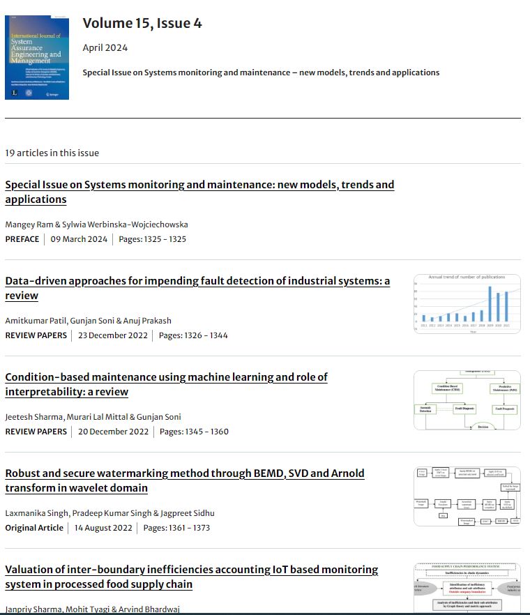 🚨 International Journal of System Assurance Engineering and Management🚨 Read the latest Special Issue on “Systems monitoring and maintenance – new models, trends and applications” Browse now! link.springer.com/journal/13198/…