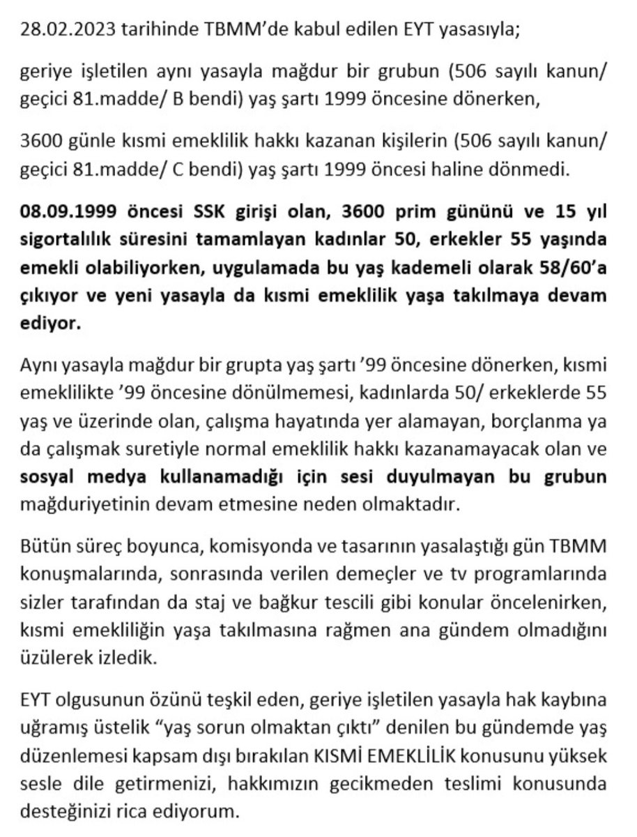 <a href="/zelihasrc/">zelihasaraç</a> <a href="/EkolTv/">ekol tv</a> EYT'de 
3600 günle #kısmiemeklilik e tâbi 50/55 yaş üzeri insanların, 
eksik primden değil 
yaşa takıldığı için emekli olamadığını biliyor musunuz?