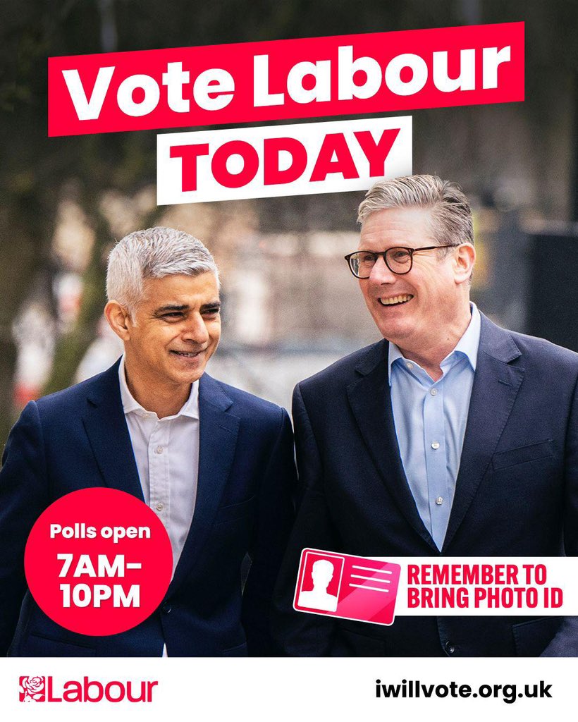 Today is polling day. Remember to go with photo ID. Polls close at 10pm. Let’s go out and vote for @SadiqKhan, @anne_clarke , @Semakaleng , @MarcelaBenede10,@KrupeshHirani, @unmeshdesai & @JSmallEdwards & all the great Labour Party Candidates in today’s elections.#VoteLabour