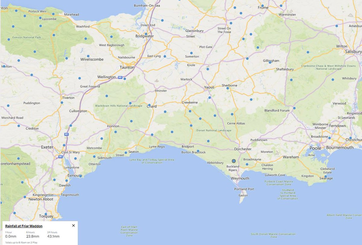 May got off to a wet start in the South yesterday with 43.1mm of rain seen at Friar Waddon north of Weymouth. 
Catchments are wet and have reacted quickly in this area. Burton Bradstock river level  is still rising. 

Duty teams are using Hydrometry data to manage the effects.