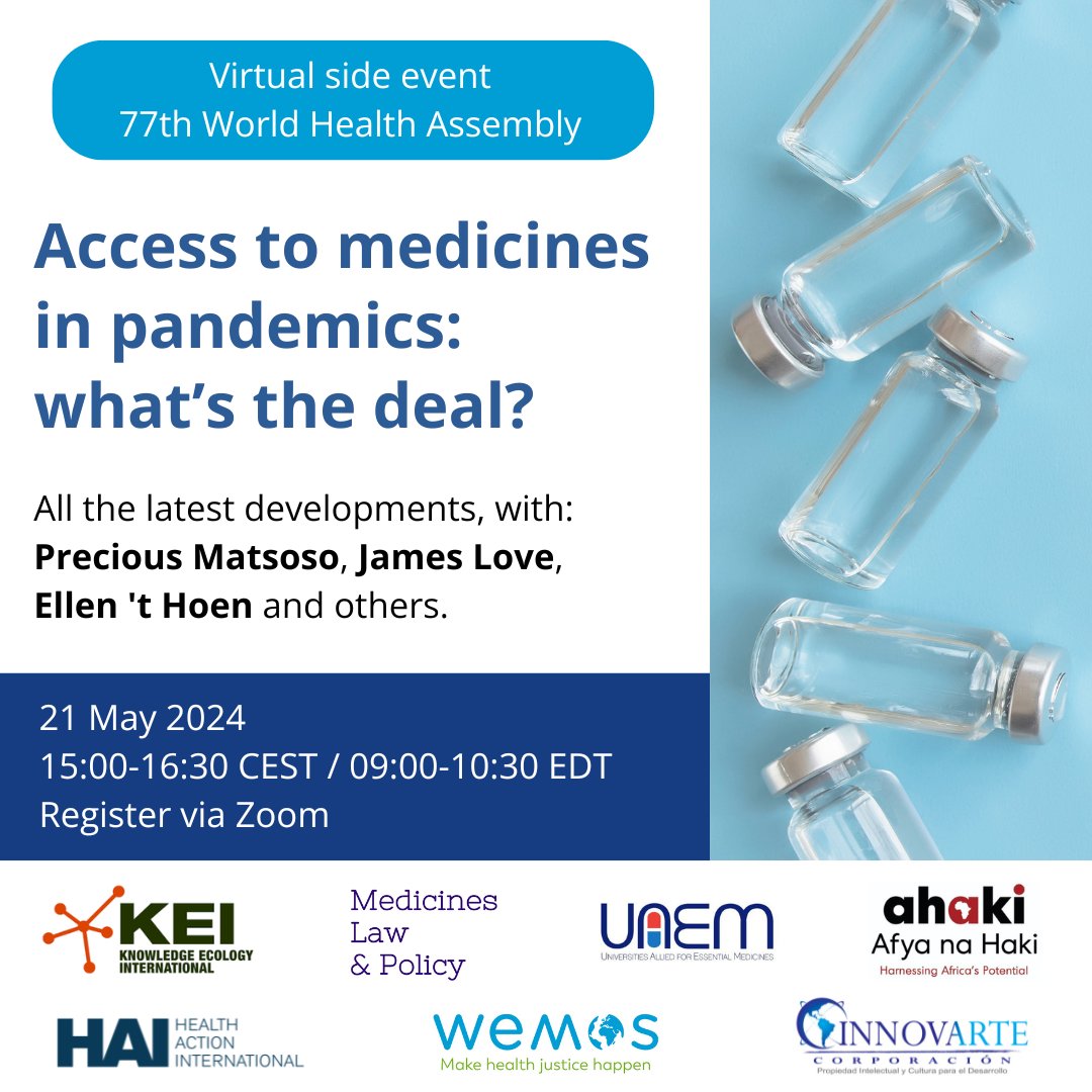 Join our #WHA77 virtual side event on the latest developments in access to medicines in pandemic prevention, preparedness & response. #PandemicAccord #IHR With insights from leading experts & country representatives. 📅 21 May, 15:00 CEST ✍️ Register: us06web.zoom.us/webinar/regist…