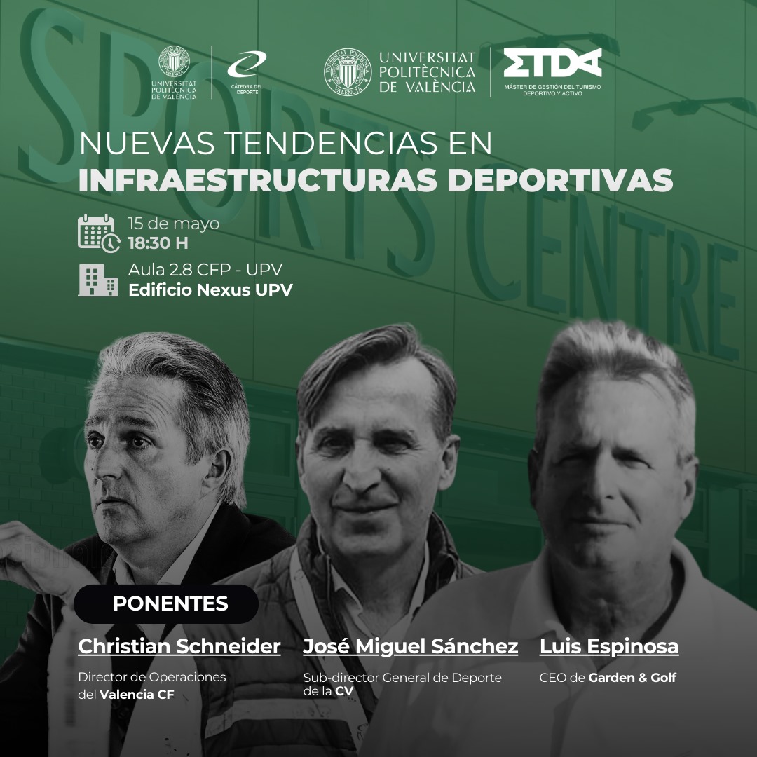 El próximo miércoles 15 de mayo a las 18:30h, en el aula 2.8 del CFP-UPV, celebraremos una jornada sobre las nuevas tendencias en infraestructuras deportivas. Inscríbete en  forms.gle/9q3fN7rNsp8ofp…