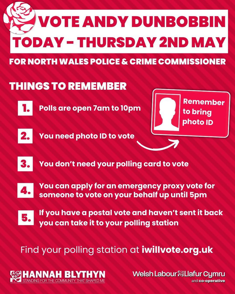 🗳️ Polls are open until 10pm to vote for the North Wales Police & Crime Commissioner 🪪 You need ID to vote ❌ 🌹 Vote for Andy Dunbobbin for North Wales PCC I've known Andy for years - we're from the same community & I know he is very much rooted in the communities he serves