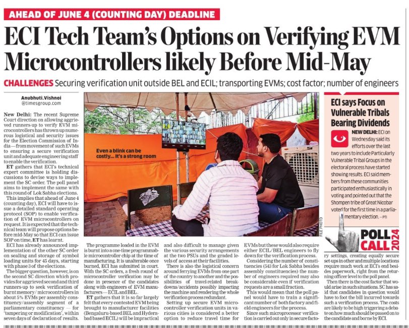 What’s keeping ECI’s expert committee on EVM-VVPATs busy amid Lok Sabha polls? How to work out a secure protocol for verification of EVM microprocessors if aggrieved candidates seek so after counting day June 4… Several minds on the job @ETPolitics m.economictimes.com/news/elections…